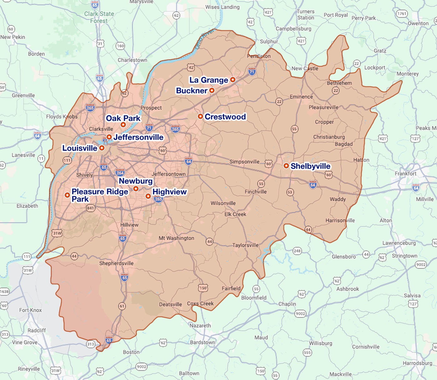 Dumpster Today service area map covering Louisville, Jeffersonville, La Grange, Crestwood, Shelbyville and surrounding Kentucky and Indiana towns